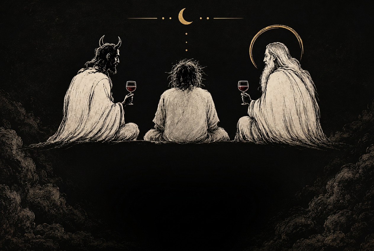 The God, Satan & The Mad Man — three figures seated together, the signature artwork of SHUNYA THE MAD